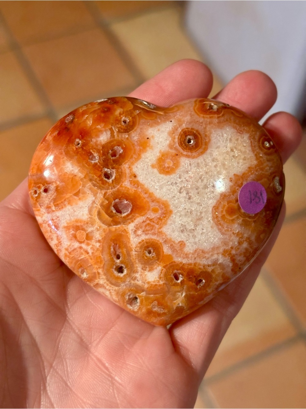 Natural Orbicular Ocean Jasper Heart 181g  – Red, Rust & White Crystal